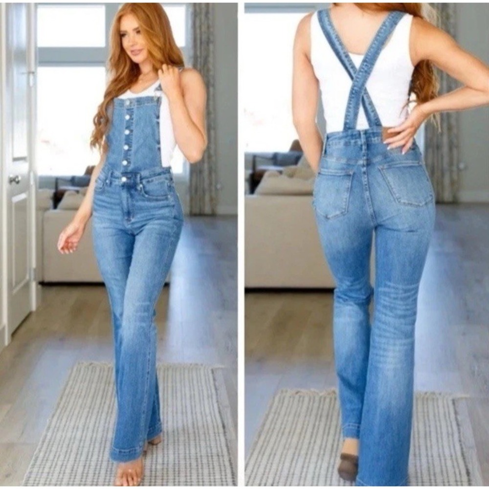 Judy Blue Flare Denim Overalls Button Front Stretch Bell Bottom Bibs Western L